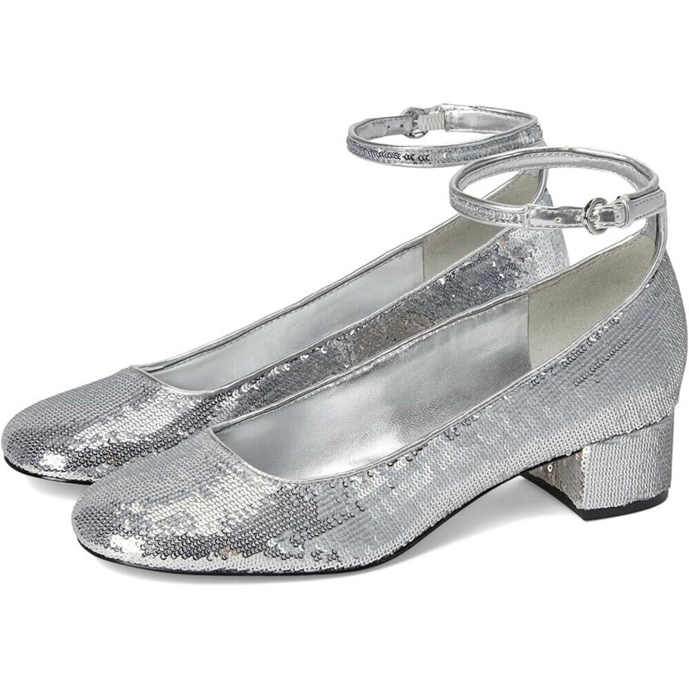 Nine West Amaize Dress Pump Women 12 Silver Sequin Block Heel Ankle Strap VER279